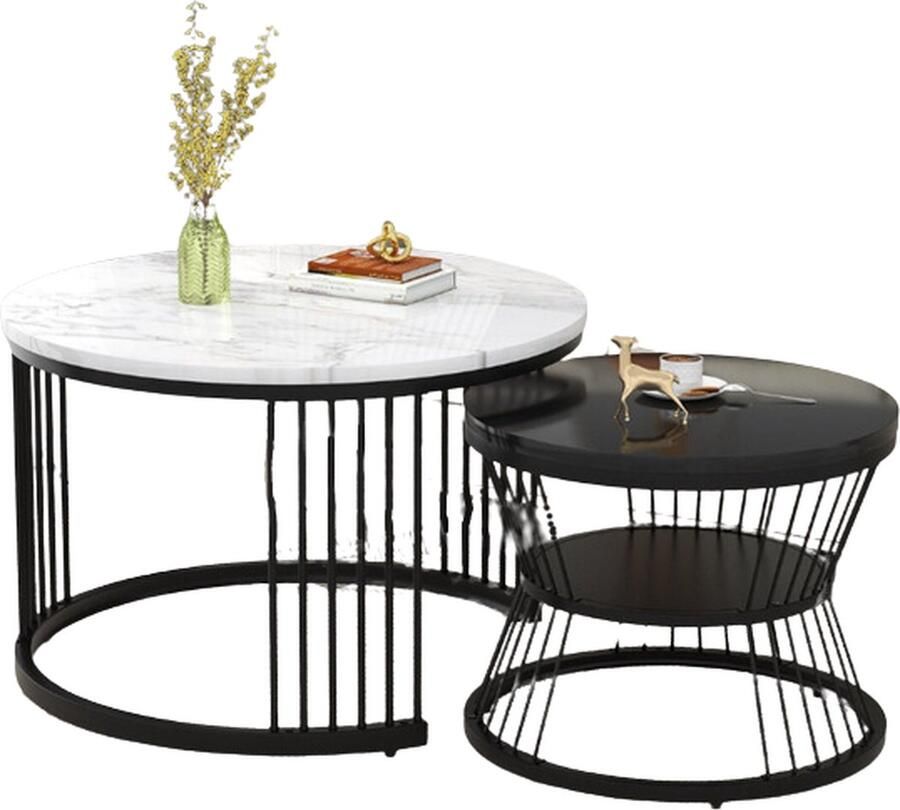 HomeNest Salontafel Marmer Salontafel met Opbergruimte Salontafel Rond Met opslagruimte Bijzettafel Set van 2 Ø70 & Ø45cm Marmer