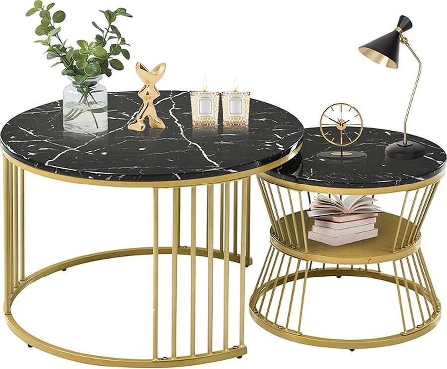 HomeNest Salontafel Marmer Salontafel met Opbergruimte Salontafel Rond Met opslagruimte Bijzettafel Set van 2 Ø70 & Ø45cm Marmer