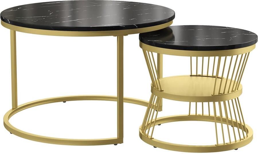 HomeNest Salontafel Marmer Salontafel met Opbergruimte Salontafel Rond Met opslagruimte Bijzettafel Set van 2 Ø70 & Ø45cm Marmer