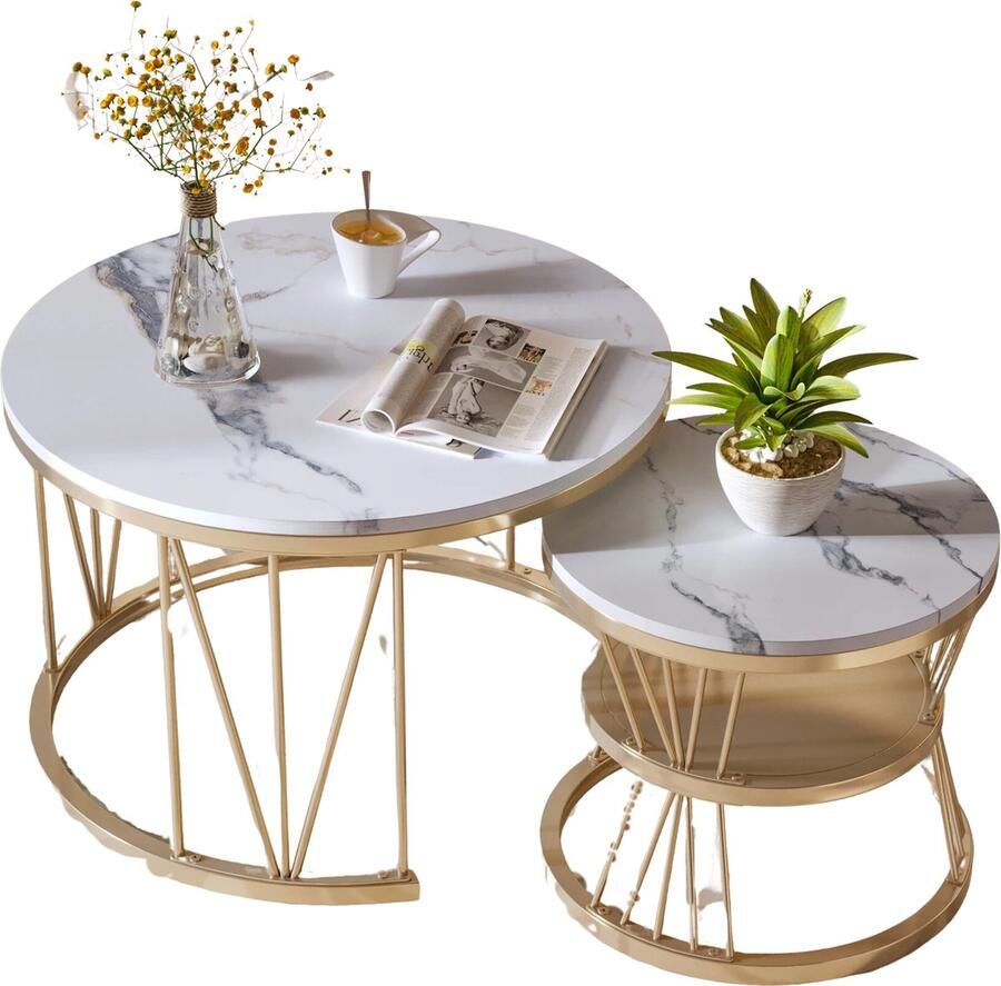 HomeNest Salontafel Marmer Salontafel met Opbergruimte Salontafel Rond Met opslagruimte Bijzettafel Set van 2 Ø70 & Ø45cm Marmer