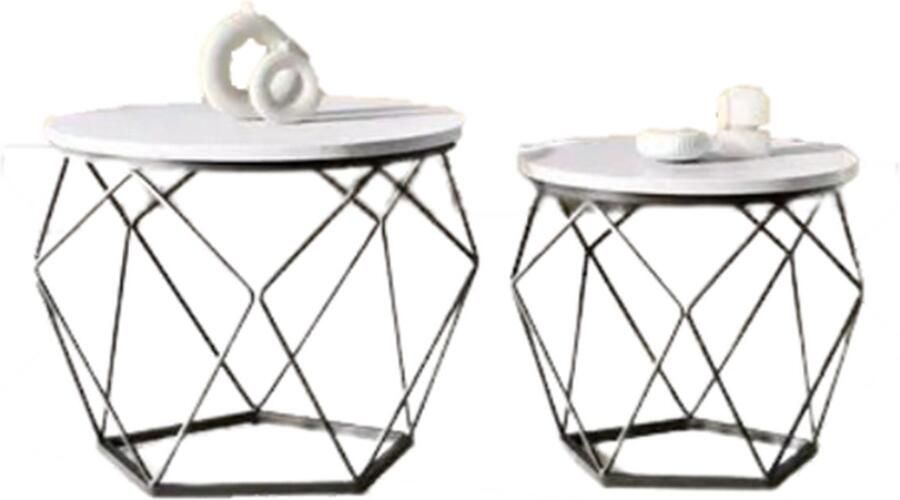 HomeNest Salontafel Set van 2 Marmer Look Ø50cm en Ø 40 cm Wit Bijzettafel Tafel Rond Woonkamer Tafel Decoratie Tafel Salon Tafel Wandtafel Koffietafel Zwart Metalen Frame Wit MDF
