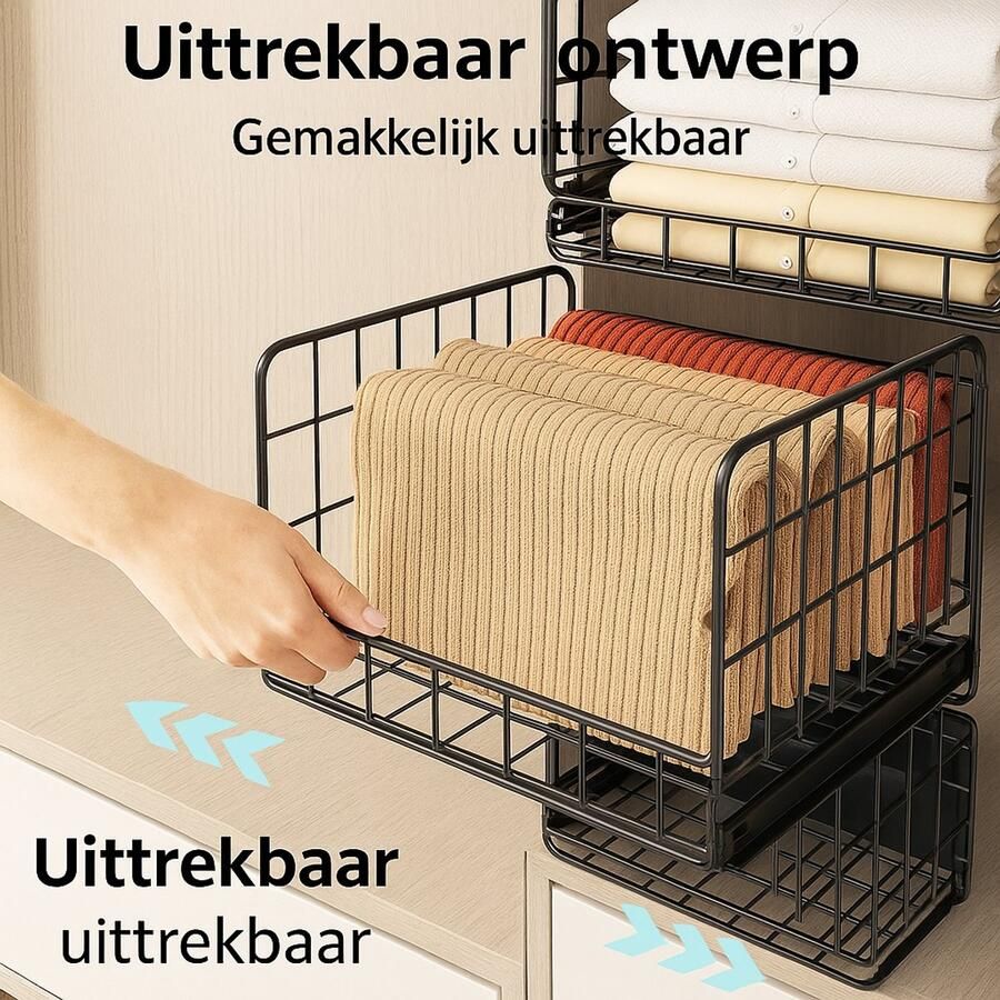 Homery Kastorganizer – Set van 3 – Zwart – Uittrekbaar & Stapelbaar – Metaal – 40x29x20 cm – Voor Kledingkast Woonkamer Wasruimte
