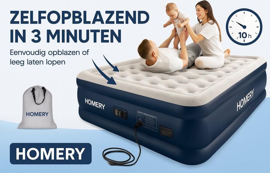 Homery Zelfopblazend Luchtmatras 2-Persoons – Queensize – Ingebouwde Pomp – 690 kg Draagkracht – Comfortabel & Waterdicht – Incl. Draagtas