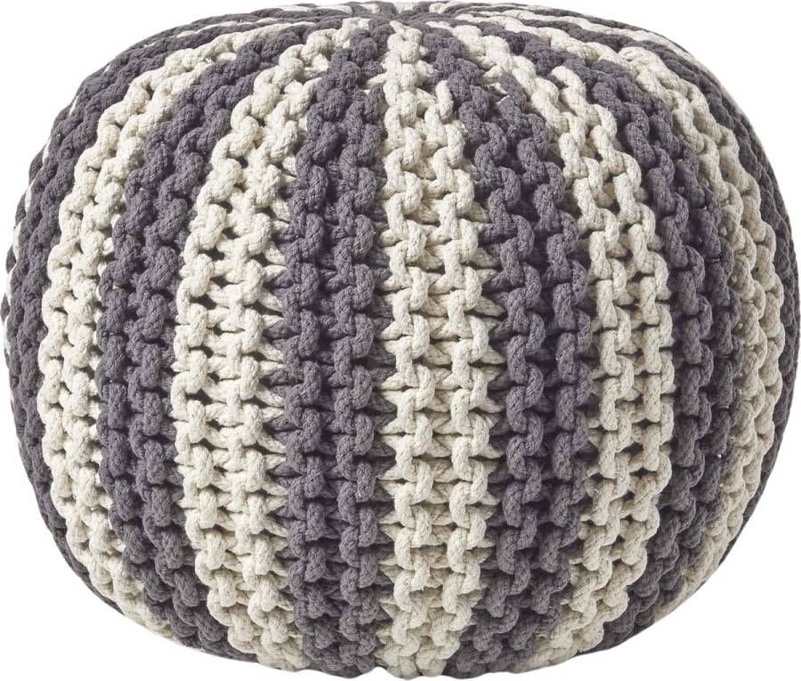 Homescapes Gebreide ronde poef Streepdesign Katoen Grijs-wit 35 x 40 cm