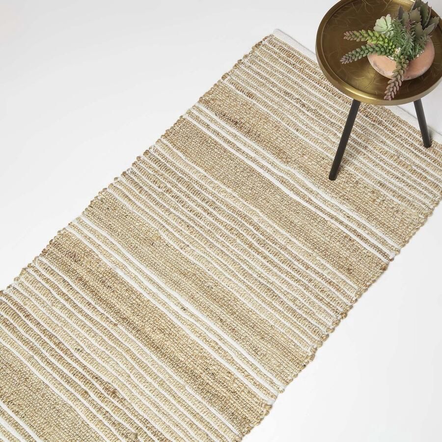 Homescapes Arlyn jute vloerkleed loper 66 x 200 cm beige en wit gestreept vloerkleed