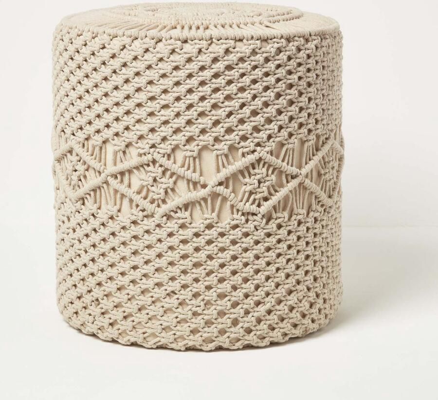 Homescapes Astrid – ronde macramé poef – natuurlijk katoen 40 x 42 cm