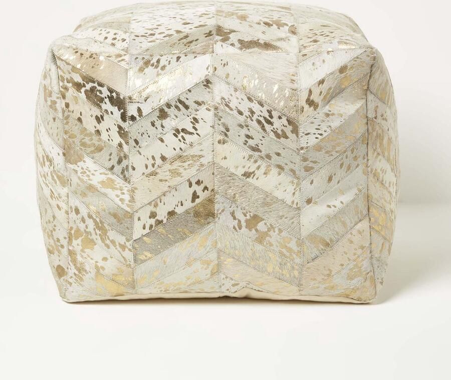 Homescapes Chevron-Muster Patchwork-Poef aus Leder & Fell crème-grijs-goud 50 x 40 cm