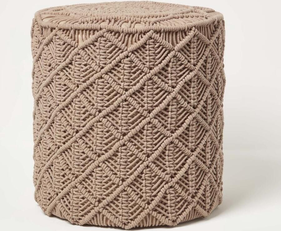Homescapes Delilah macramé poef rond lichtbruin 40 x 42 cm