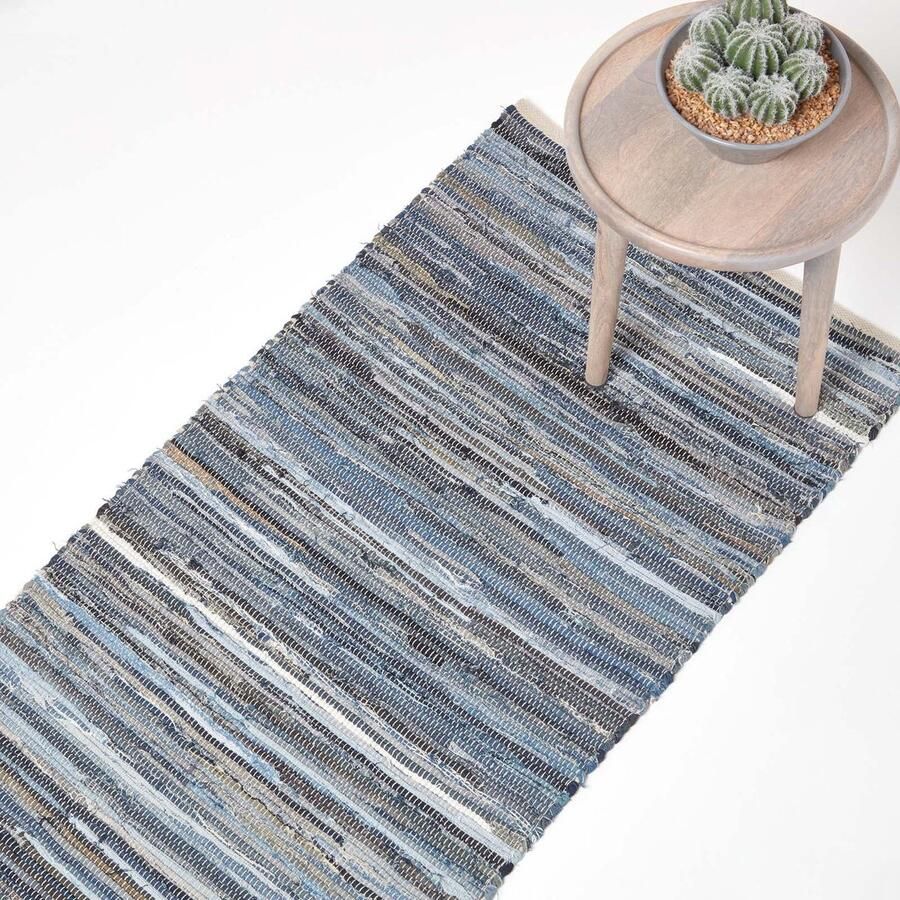 Homescapes Denim vloerkleed loper blauw gestreept 66x200 cm – voddenkleed van gerecycled denim