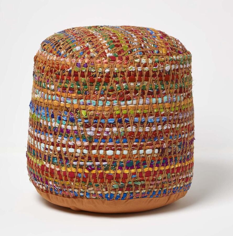 Chindi poef zitkruk voetenbank rond etno look bont 45 cm diameter 40 cm hoog