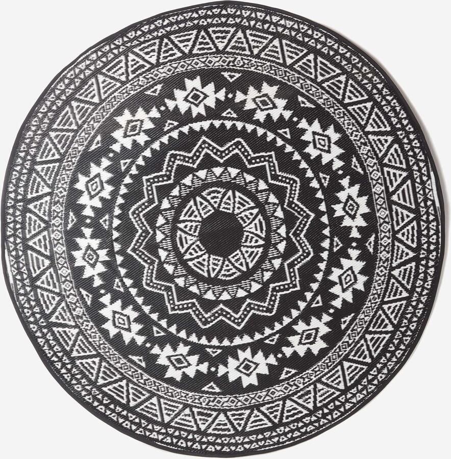 Rond buitentapijt met oosters patroon in zwart en wit. Weerbestendig omkeerbaar vloerkleed voor binnen en buiten 180 cm