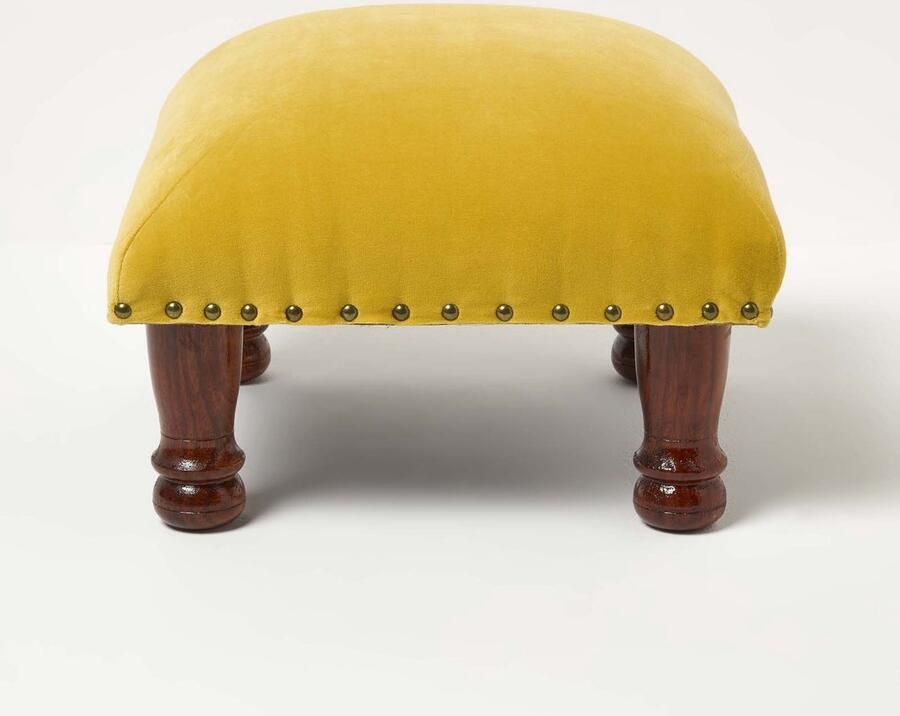 Homescapes fluwelen kruk Mable mosterdgeel met houten poten 40x40x25 cm