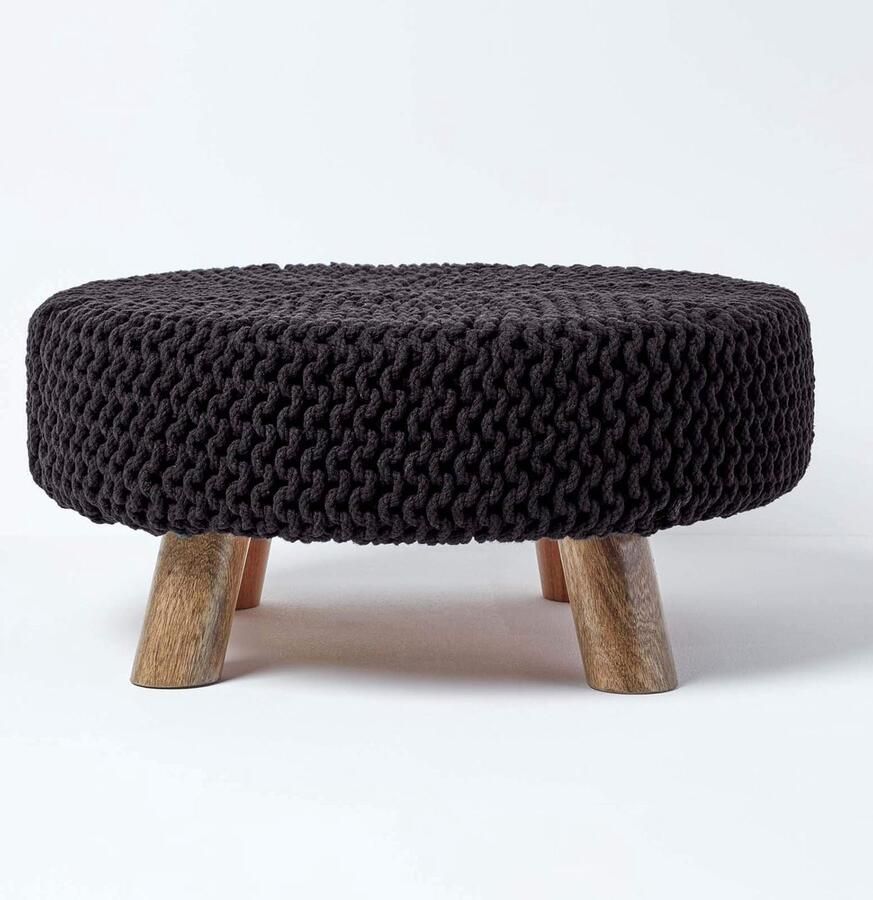 Homescapes Gebreide Voetenbank 30cm Hoog Zwart