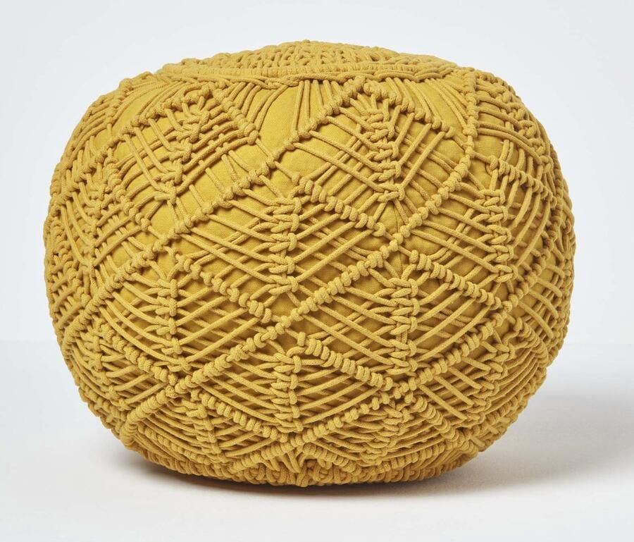 Homescapes Grote gehaakte poef mosterdgeel 40 x 50 cm