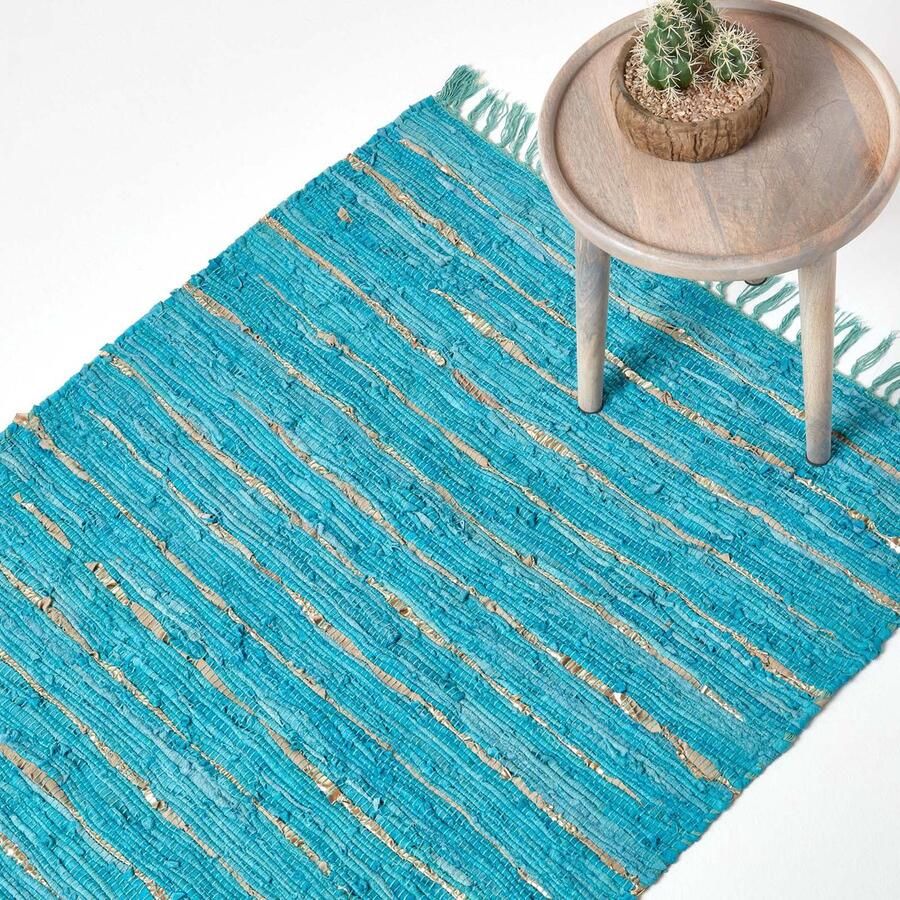 Homescapes Glitter leren vloerkleed turquoise-goud 66x200 cm loper van gerecycled leer