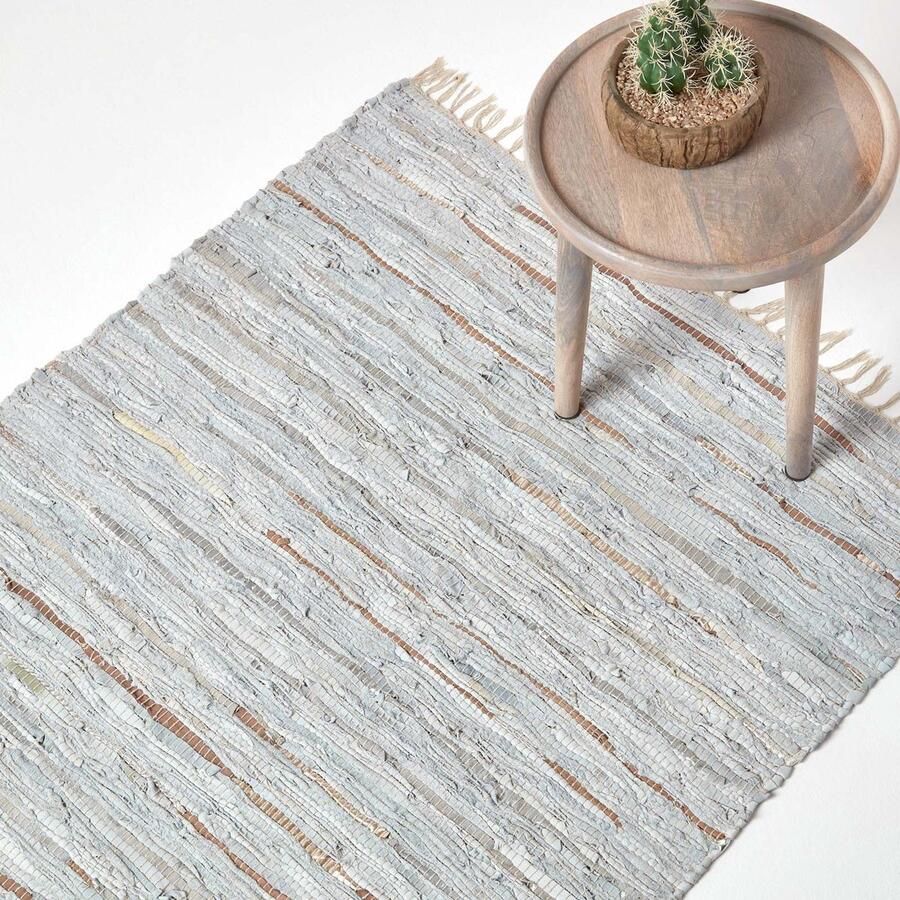 Homescapes Glitter leren vloerkleed zilver-natuur 90x150 cm handgeweven vloerkleed van gerecycled leer