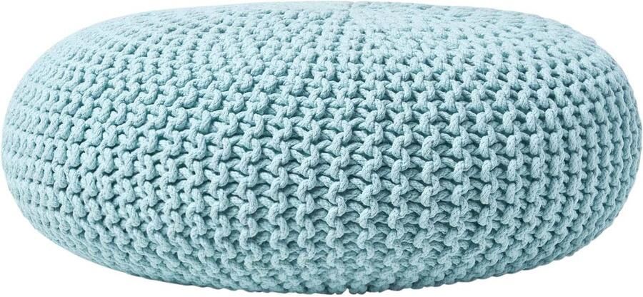Homescapes Grote gebreide poef 100% katoen lichtblauw