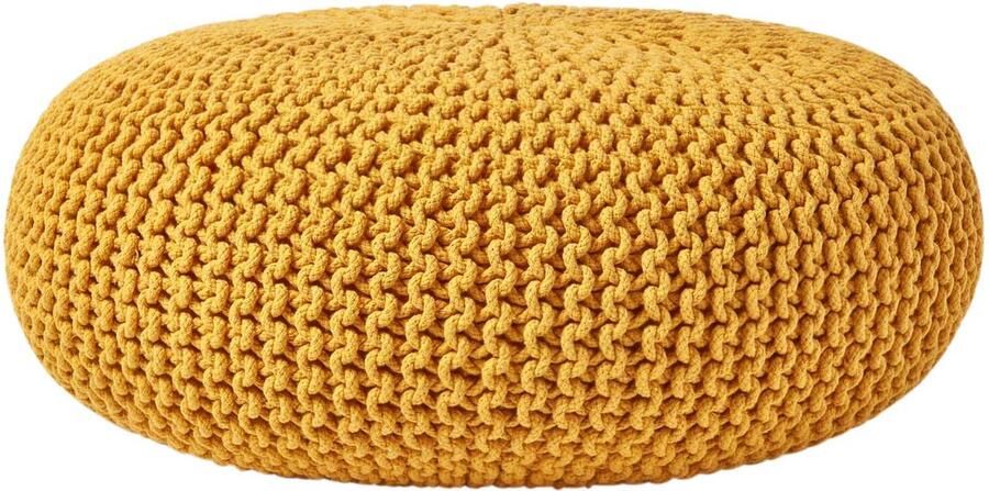 Homescapes Grote gebreide poef 100% katoen mosterd