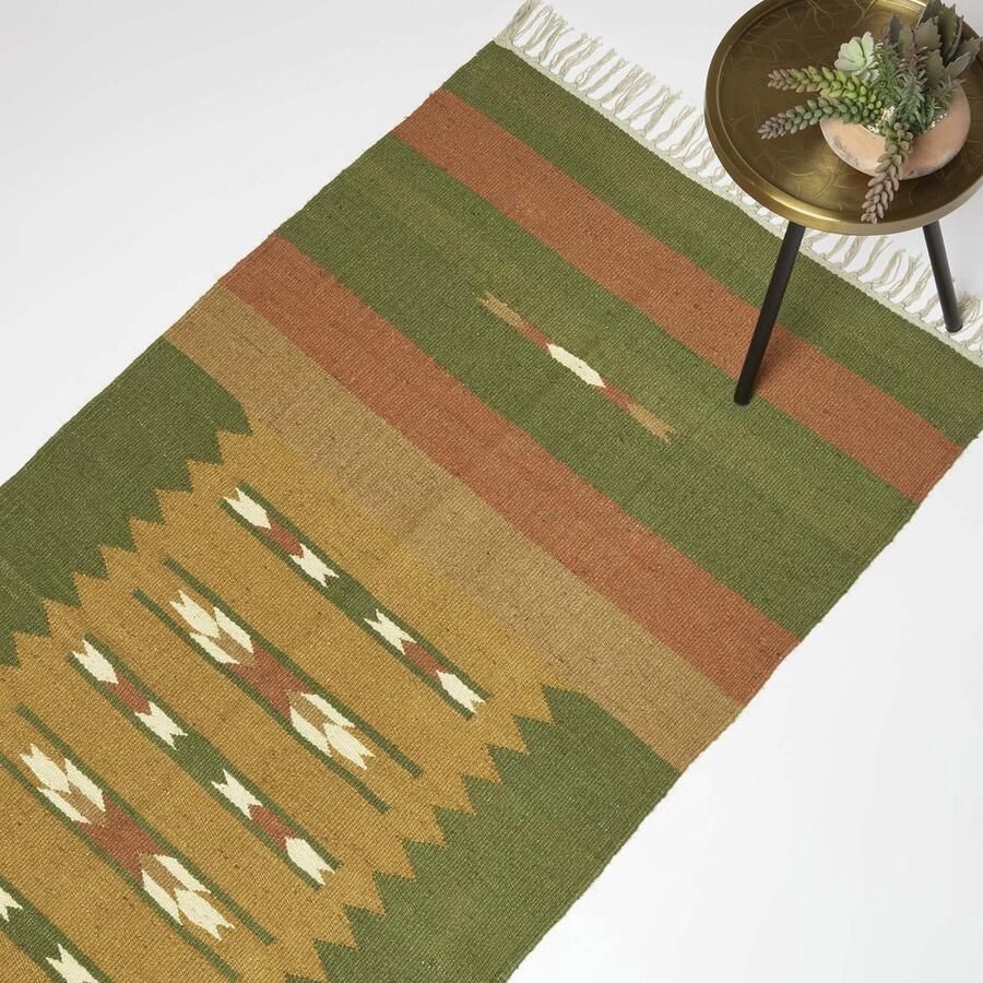 Homescapes Handgeweven Jute Vloerkleed Lundi Groen 80 x 180 cm Kelim Patroon Oranje-Groen