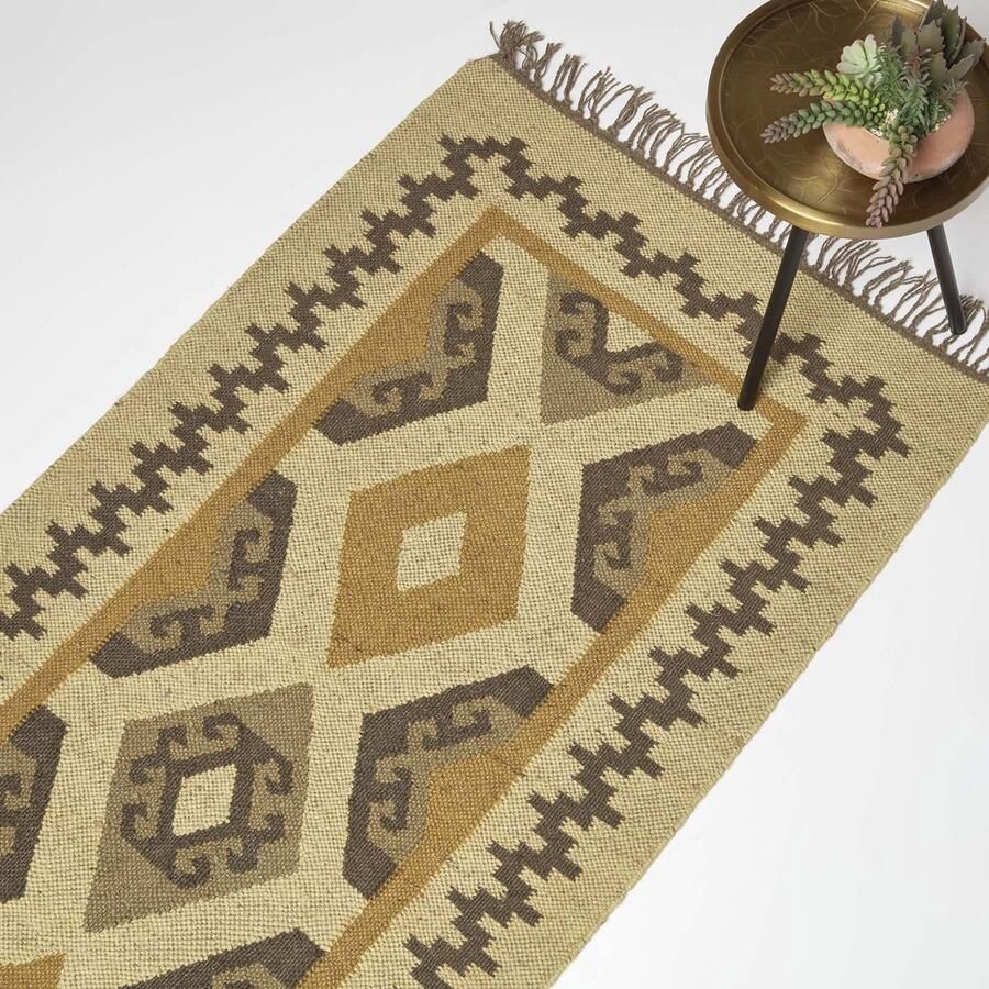 Homescapes Handgeweven jute vloerkleed Ravar 80 x 180 cm kelimpatroon beige-goud-bruin