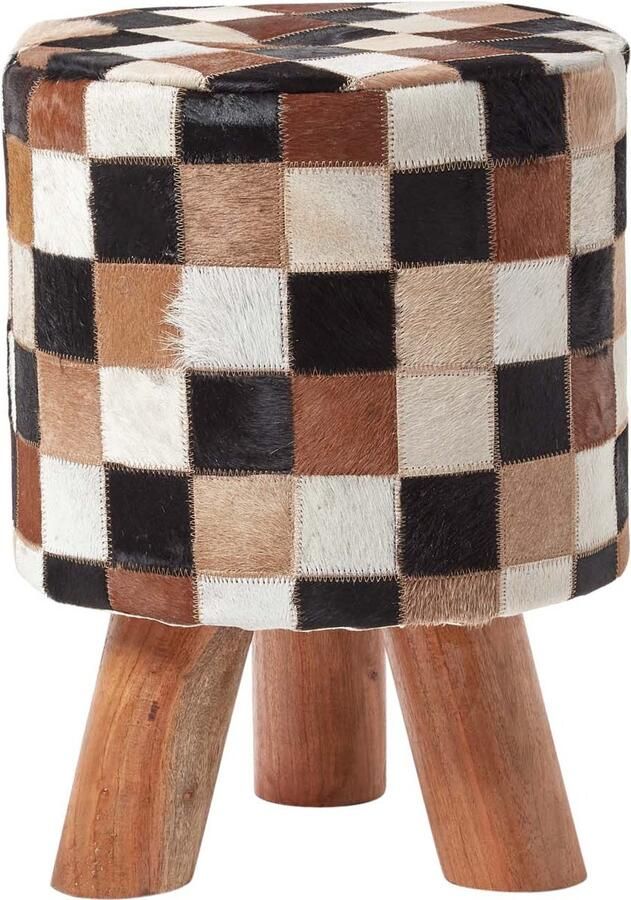 Homescapes kruk gemaakt van leer echt geitenleer houten poten 32 rond