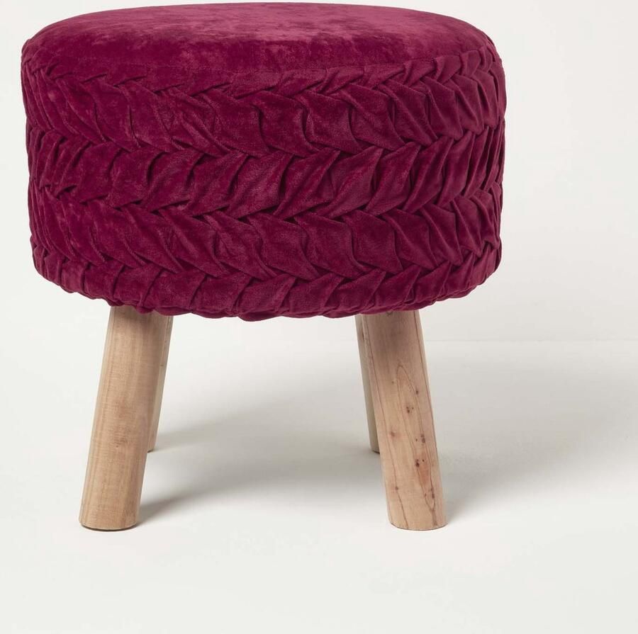 Homescapes Lyla ronde geplooide fluwelen kruk met houten poten magenta 40 cm hoog
