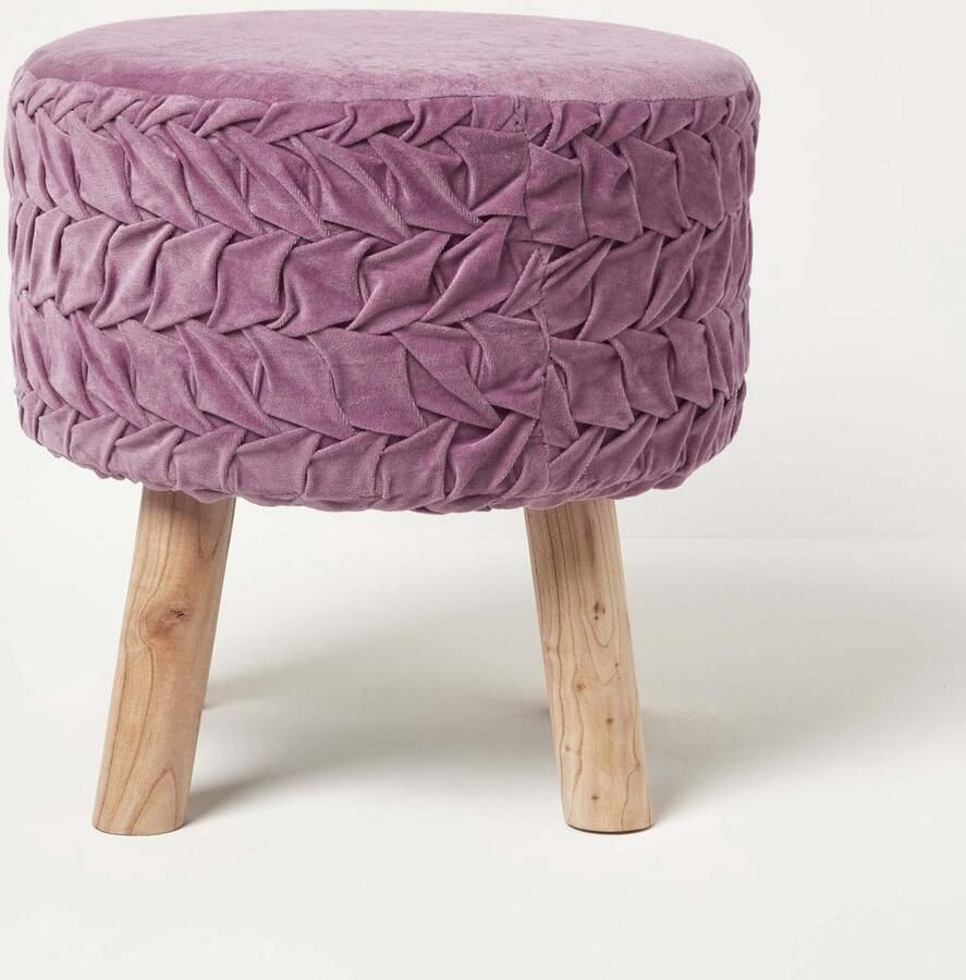 Homescapes Lyla ronde geplooide fluwelen kruk met houten poten mauve 40 cm hoog