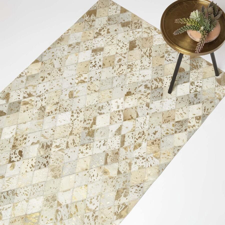 Homescapes Patchwork leren tapijt 90 x 150 cm crème-grijs-goud bonttapijt ruitpatroon