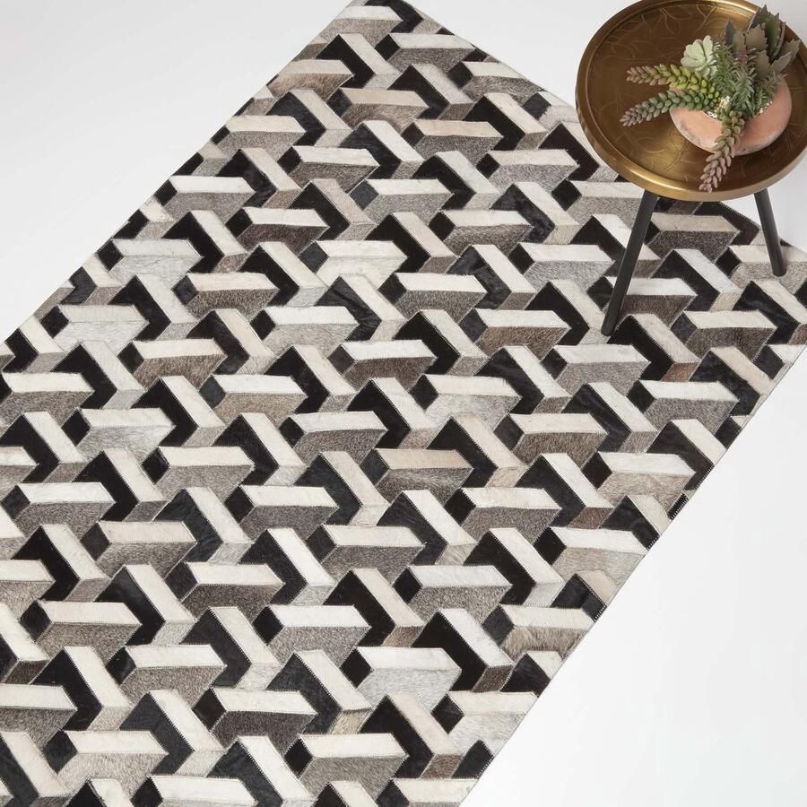 Homescapes Patchwork leren tapijt 90 x 150 cm crème-grijs-zwart bonttapijt kubusvormig patroon