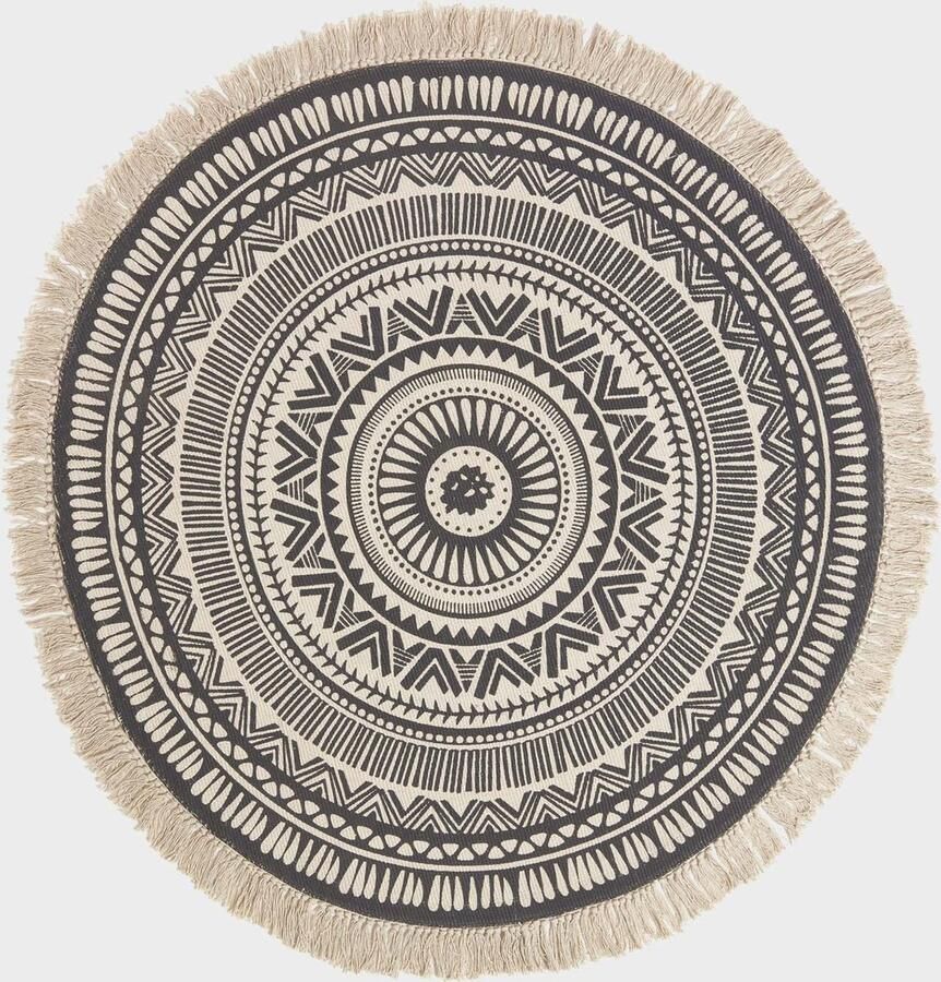 Homescapes rond boho vloerkleed zwart en wit met franjes 145 cm