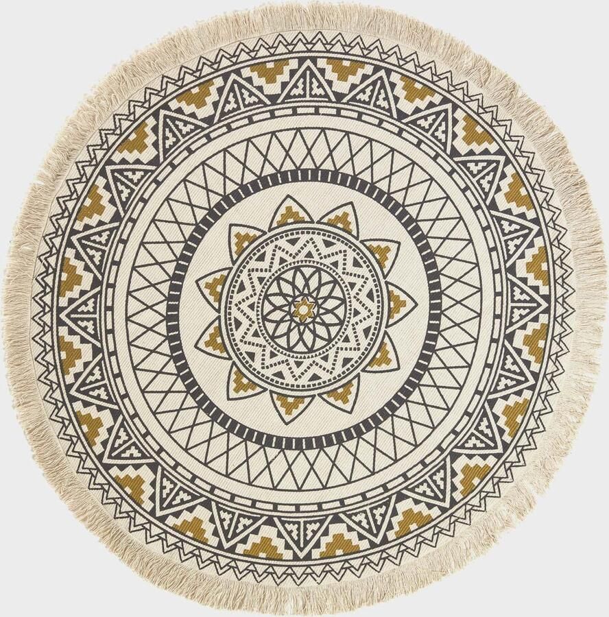 Homescapes rond boho vloerkleed zwart wit en goud met franjes 145 cm