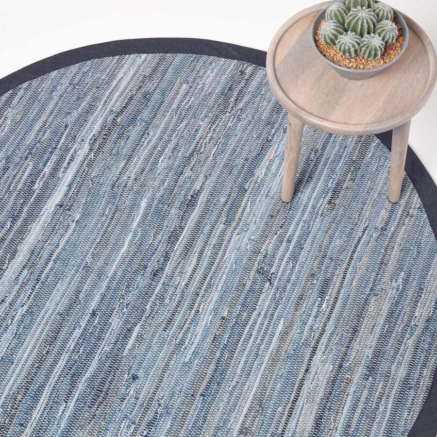 Homescapes Rond denim patchwork vloerkleed blauw gestreept 150 cm – handgeweven vloerkleed van gerecycled denim
