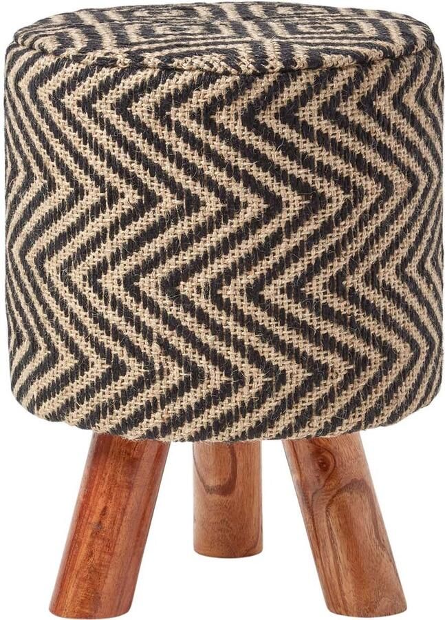 Homescapes Ronde jute kruk met houten poten – etnisch patroon zwart-naturel 32 x 32 x 42 cm