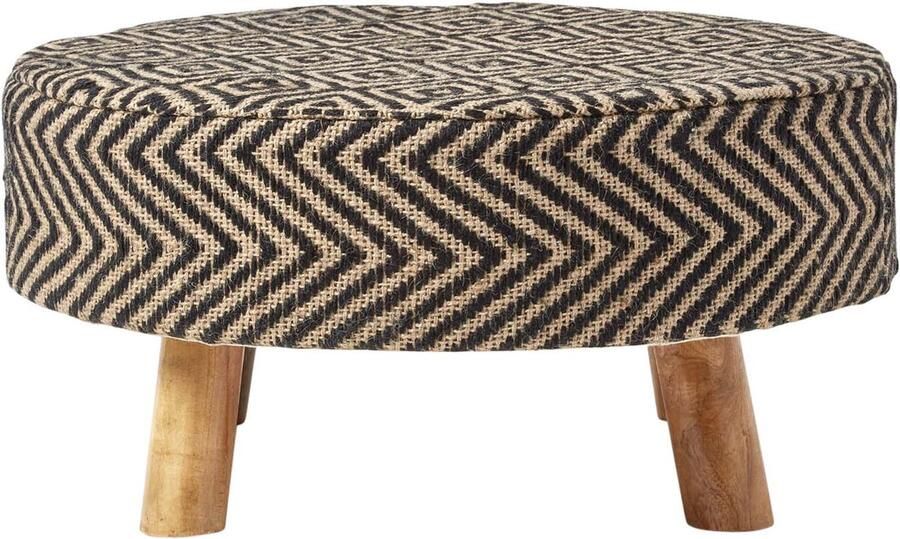 Homescapes Ronde jute kruk met houten poten – etnisch patroon zwart-naturel 62 x 62 x 30 cm