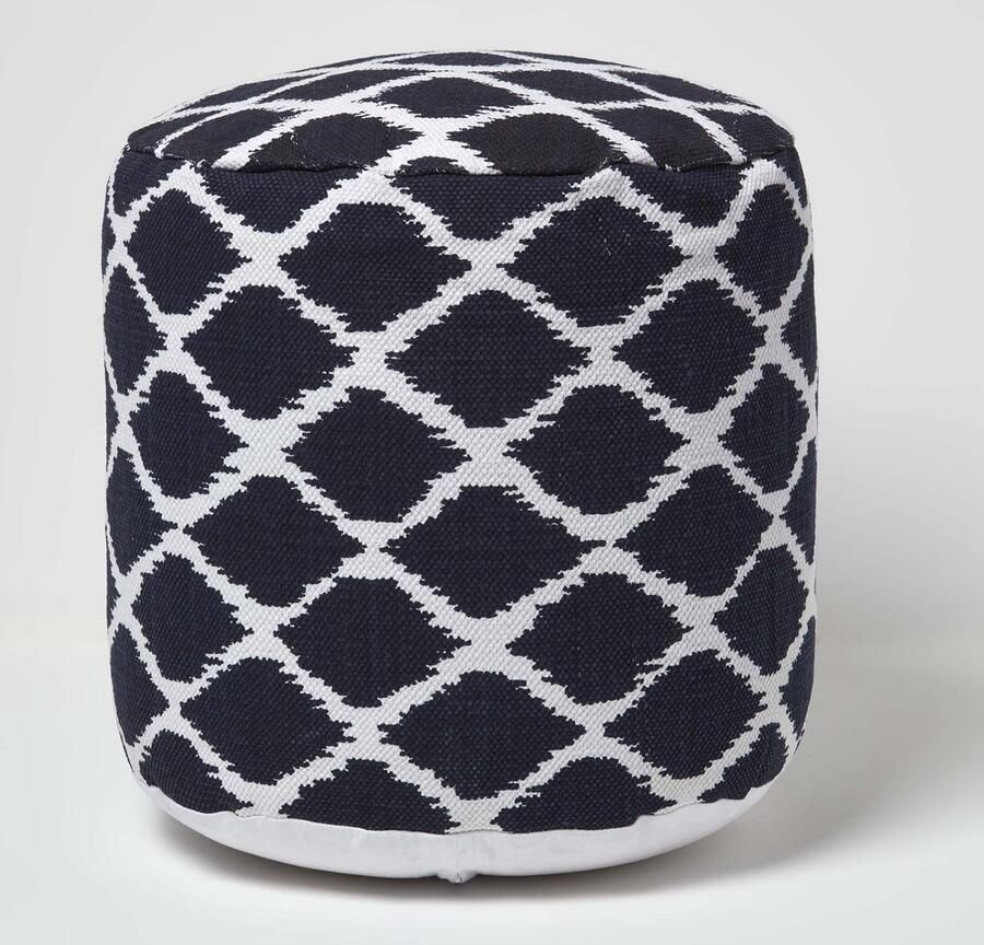 Homescapes Ronde poef met Ikat-patroon blauw en wit 40x45 cm