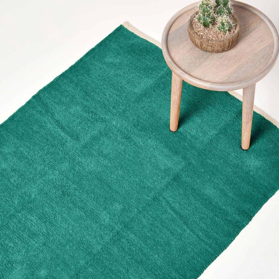 Homescapes Teal chenille vloerkleed met natuurlijke rand van 100% katoen 90 x 150 cm