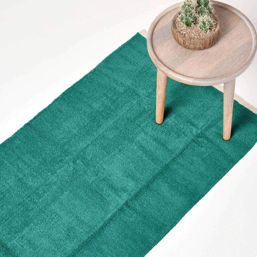 Homescapes Teal chenille vloerkleed met natuurlijke rand van 100% katoen 66 x 200 cm