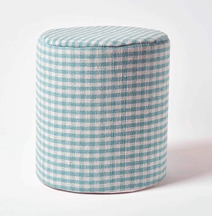 Homescapes Vichy ruit poef rond – blauw en wit krukje 40x42 cm