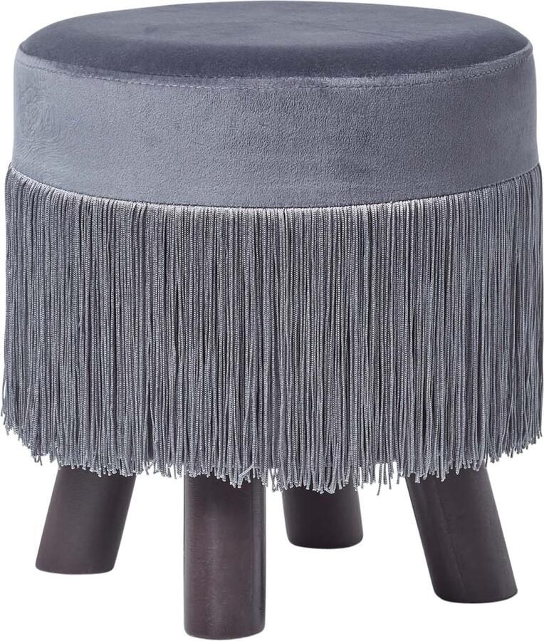 Homescapes “Warwick” driepoot fluwelen kruk met franjes grijs