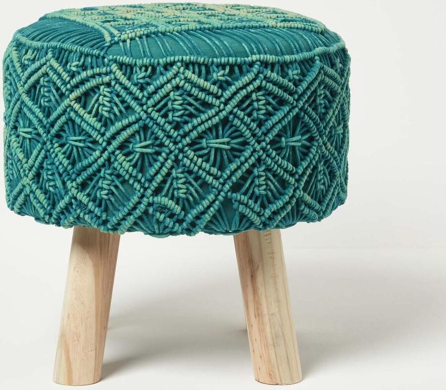 Homescapes Willow – ronde macramé kruk met houten poten – petrolgroen 43 cm hoog