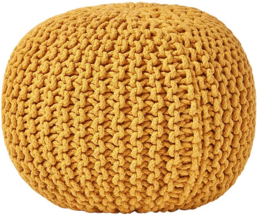 Merkloos Poef gebreide poef rond vloerkussen zitpoef 35 x 40 cm gevoerde zitpoef met grof gebreide overtrek van 100% katoen gebreide poef mosterd - Foto 2