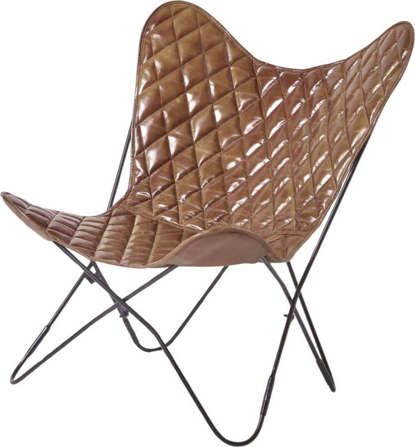 Homescapes Vlinder fauteuil bruin leer met ruitpatroon