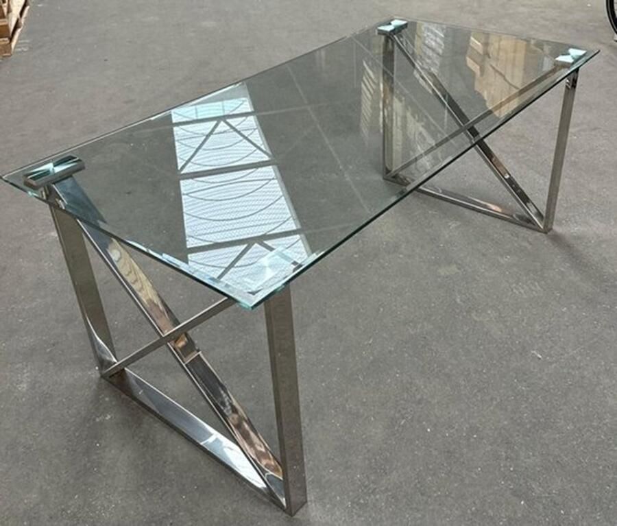 Homestar Rixos Eetkamer tafel Kuster stijl 160 x90cm RVS onderstel Helder facet geslepen glas plaat