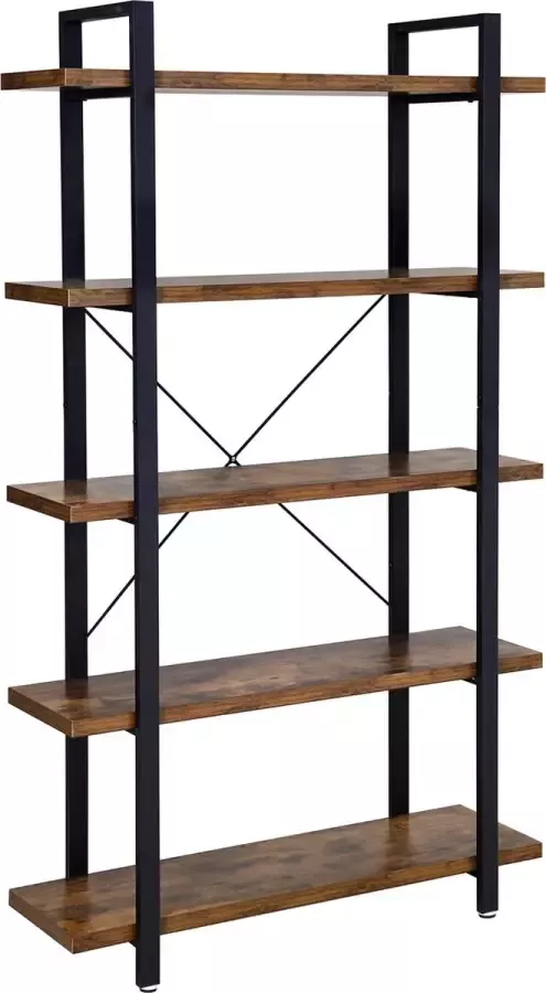 Mangoe Meubels Boekenkast met 6 niveaus opbergrek stalen frame voor woonkamer studeerkamer kantoor en gang hoogte 186 cm industriële vormgeving vintage bruin-zwart