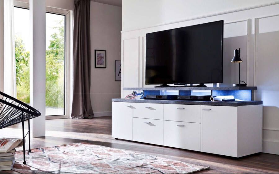 Merkloos MOOD TV-meubel 2 deuren en 2 lades Verouderd hout en mat grijze melamine L 180 x 47 x 66 cm - Foto 4