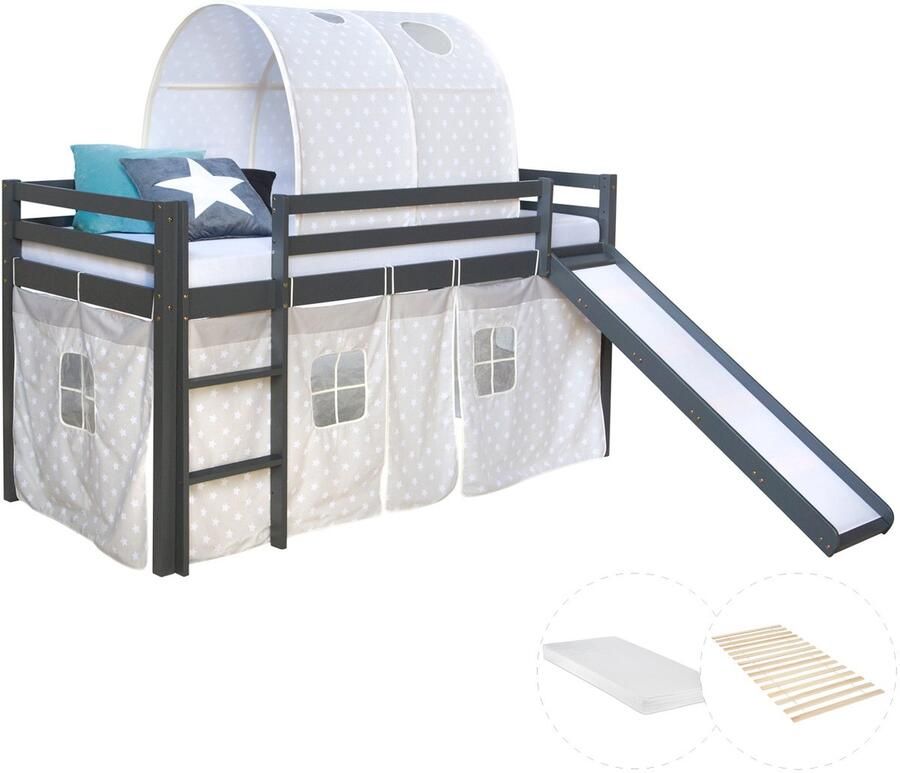 Homestyle4u Hochbett mit Matratze 90x200 Rutsche Stockbett Grau Kinderbett Holz Kiefer Vorhang Tunnel Sterne Lattenrost