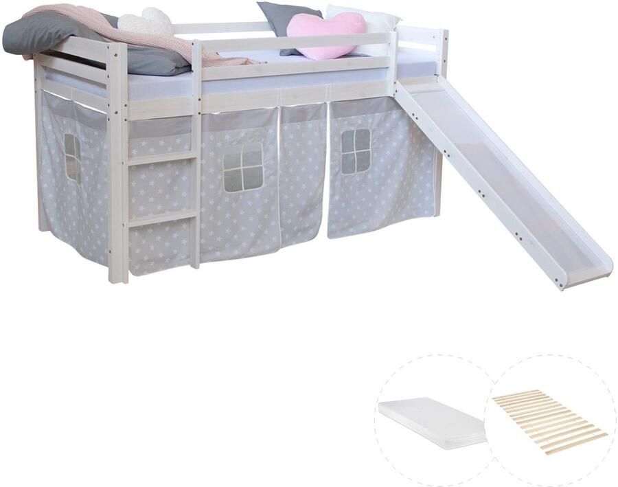 Homestyle4u Hochbett mit Matratze 90x200 Rutsche Stockbett Weiß Kinderbett Holz Kiefer Vorhang grau Sterne Lattenrost