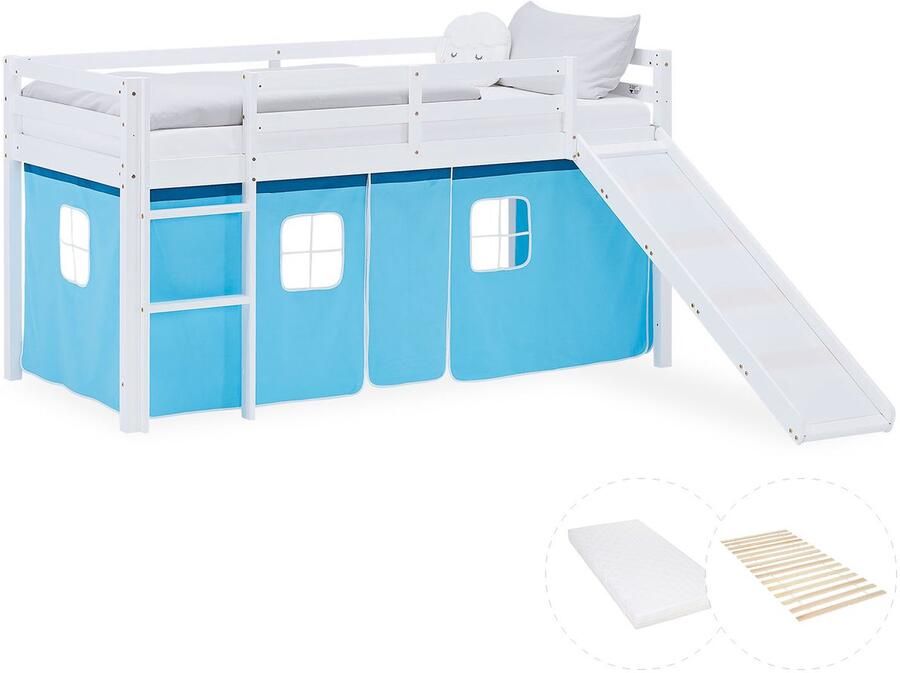 Homestyle4u Kinderhoogslaper 90x200 cm met matras Glijbaan Kinderbed Stapelbed Gordijn Blauw Ladder Massief hout