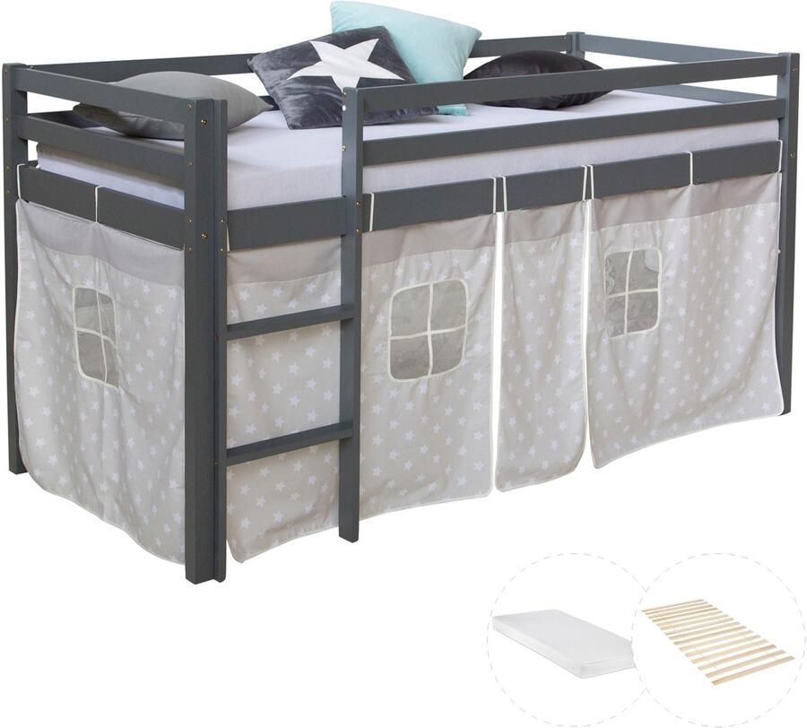 Homestyle4u Hochbett mit Matratze 90x200 cm Kinderbett Grau Leiter Holz Kiefer Vorhang Sterne Jugendbett Lattenrost