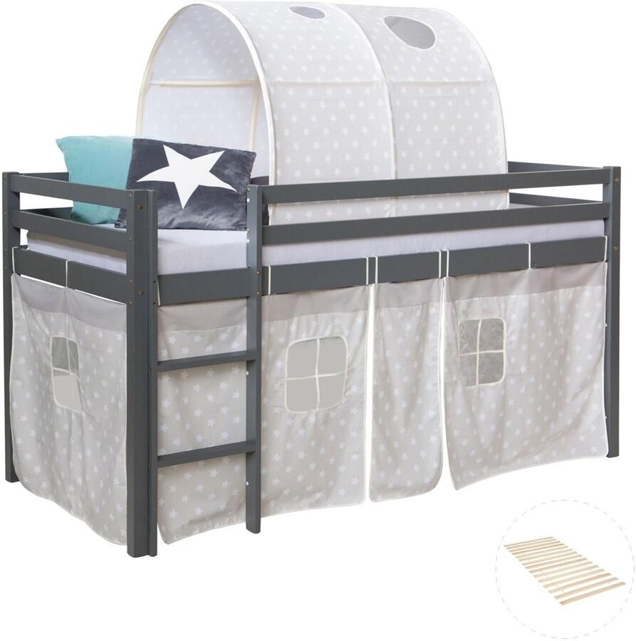 Homestyle4u Hochbett mit Lattenrost 90x200 cm Grau Kinderbett Tunnel Vorhang Sterne Holz Kiefer Jugendbett